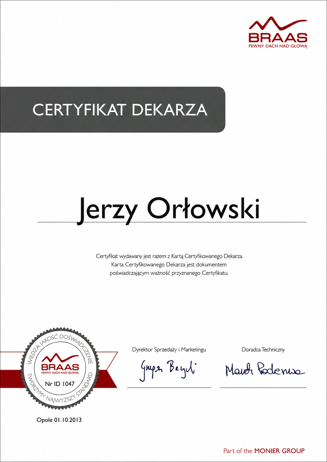 Certyfikat i dyplom Jerzego Orłowskiego - dokument 03