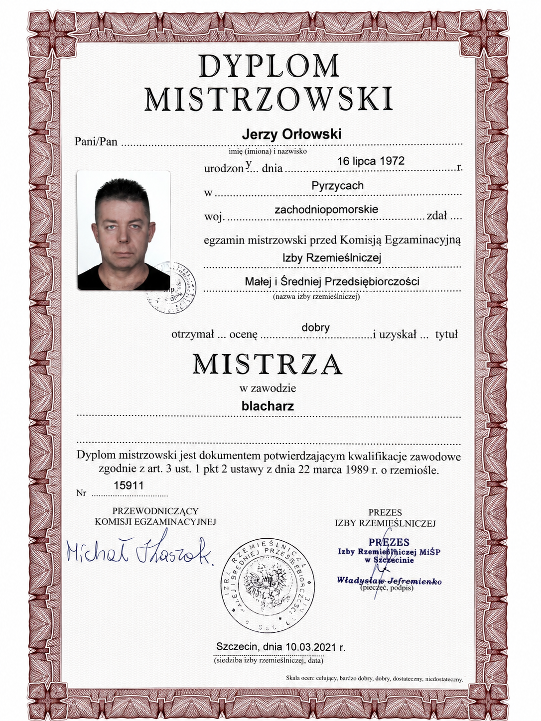 Certyfikat i dyplom Jerzego Orłowskiego - dokument 07